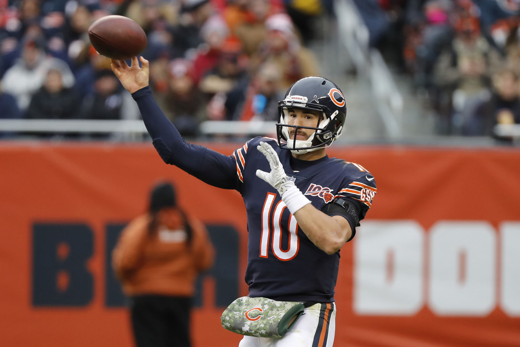 Chicago Bears quarterback Mitch Trubisky (10) throws an incomplete pass to Chicago Bears wide receiver Allen Robinson (12) in the third quarter against the Detroit Lions on Sunday, Nov. 10, 2019 at Soldier Field in Chicago, Ill.
